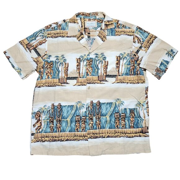Kalaheo RJC Hawaiian Aloha Shirt Tiki Gods Button Up Large Tan Beige - Picture 1 of 6